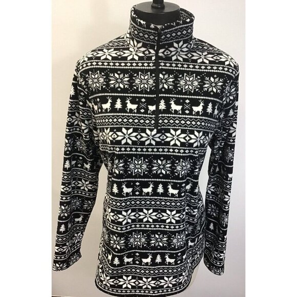 Lands' End Sweater Medium Black White Fleece Pullover Reindeer Snowflake Size MD - Picture 1 of 4